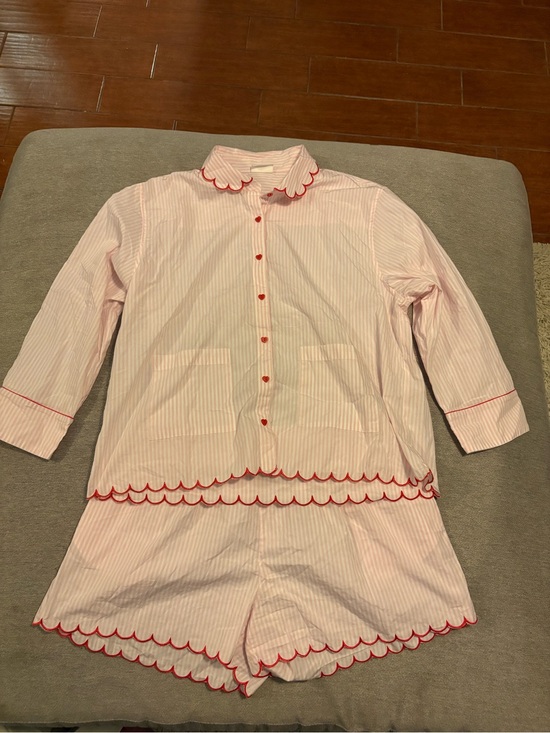 LAKE Other - LAKE Women’s Pink Striped Pajama Set with Red Scallop Trim